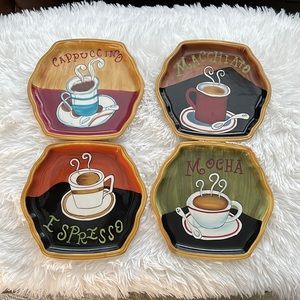 Set of 4 Hand Painted Coffee Themed Decorative Plates in Pristine condition!